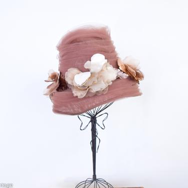 1960s Brown Tulle & Flower Hat | 60s Beige Flower Bucket Hat | Original Henry Margu Creation 