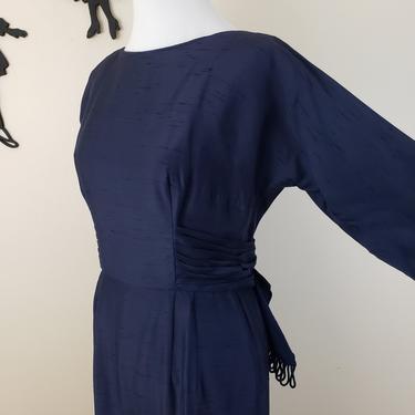 Vintage 1950's Cocktail Dress / 60s Navy Blue Bow Formal Dress 