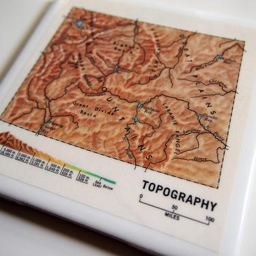 1967 Wyoming Topography Map Handmade Vintage Map Coaster - Ceramic Tile Coaster - Repurposed 1960s Hammond Atlas OOAK Drink Coasters 