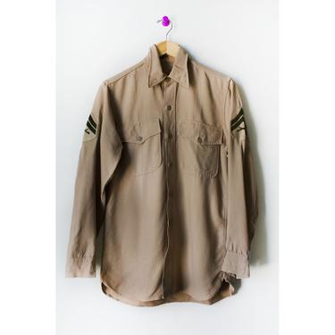 Vintage 50s Military Army Tan Button Down Shirt Size Medium 