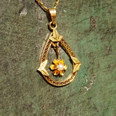 Antique Art Nouveau 14K Gold Filigree Seed Pearl Teadrop Lavalier Pendant, Prong Set Gold Flower Dangle, Engraved Leaf Details, 1 1/8&amp;quot; L 