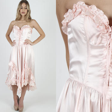 80s Gunne Sax Pink Satin Dress Sweetheart Shiny 1980s Prom Dance Dress Ruffle Corset Wedding Renaissance Western Midi Mini Dress 