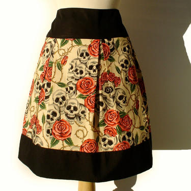 Beige Skulls and Roses Tattoo Skirt - Day of the Dead Pin Up Skirt 