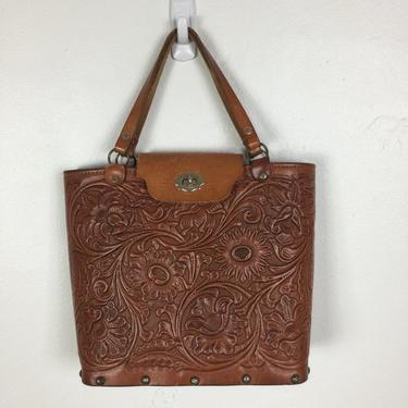 SALE Incredible vtg 70s brown leather tooled handbag bag purse southwestern 