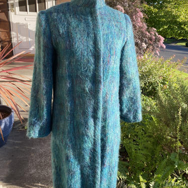 70’s Vintage wooly knit overcoat~ long colorful woven hairy sweater coat~ teal blue purples~ mohair style~ 1970’s size Medium 