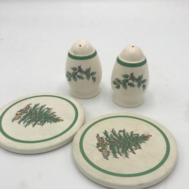 Vintage Spode Christmas Tree Salt and Pepper Shakers and Matching Coasters-Nice  Condition- 
