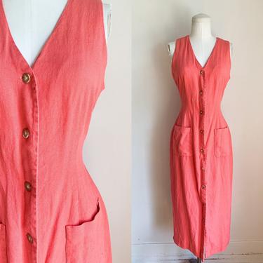 Vintage 1990s Coral Linen Button Front Dress / M 