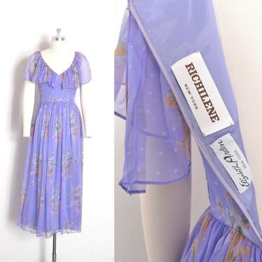 Vintage 1970s Dress / 70s Richilene Ruffled Floral Silk Dress / Lavender Purple ( XS extra small ) 