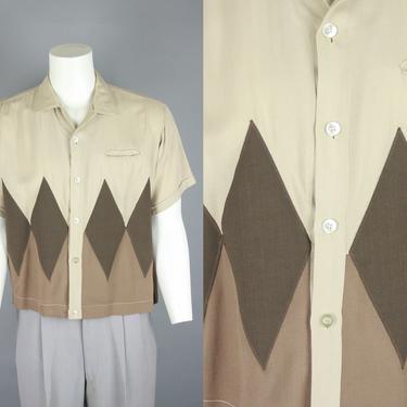 1950s DIAMOND Tri-Tone Shirt | Vintage 50s Men's Short Sleeve Shirt | xl 