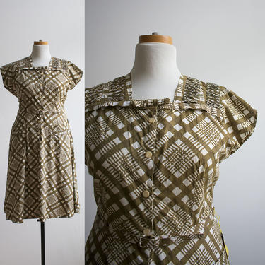 Vintage 1950s Shirt Dress / 1950s Green Plaid Dress / 1950s Cocktail Dress / 50s Cotton Shirt Dress / Dead Stock Vintage Dress / NWT Vintage 