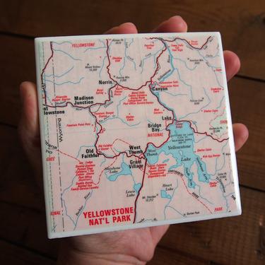1974 Yellowstone National Park Vintage Map Coaster - Ceramic Tile - Repurposed 1970s American Oil Company Road Map - Wyoming - Handmade 