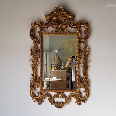 French Heritage Louis XV Style Carved Wood Gold Wall Mirror 