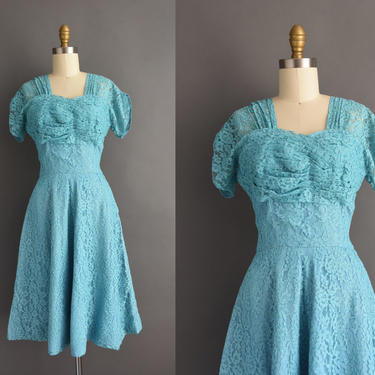 1950s vintage dress | Gorgeous Turquoise Blue Lace Cocktail Party full Skirt Dress | Small | 50s dress 