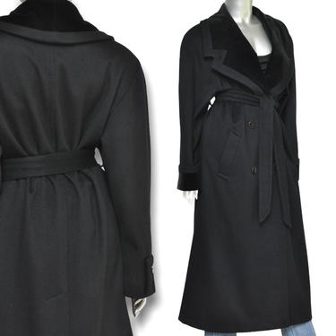 Vintage Women’s Black Wool and Velvet Long Belted Winter Coat Size M 