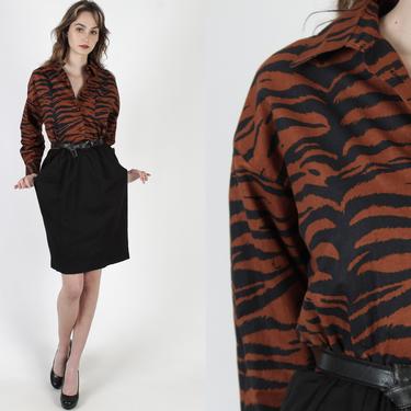 Vintage 80s Tiger Animal Striped Dress Black Pencil Skirt Pockets Secretary Mini Dress 