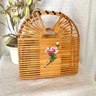 Breezy Bamboo Basket Handbag Purse, Crescent Shape, Hand Painted, Vegan, Vintage 