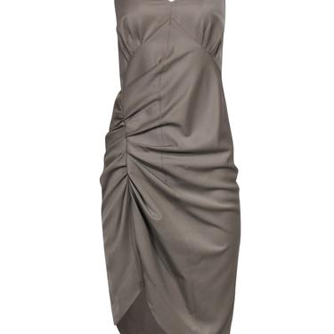 Helmut Lang - Taupe Sleeveless Ruched Fitted Midi Dress w/ Asymmetrical Hem Sz 2