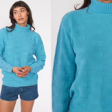 Bright Blue Sweater 80s TURTLENECK Sweater Textured Checkered Pullover Jumper Hipster Vintage Plain Funnel Neck Medium 
