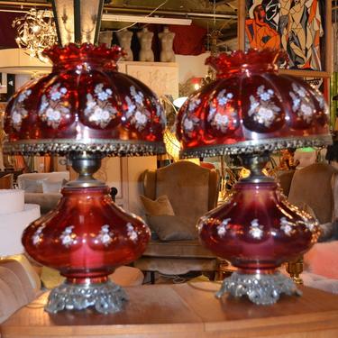 Antique Victorian Style Cranberry Hand Painted Table Lamps