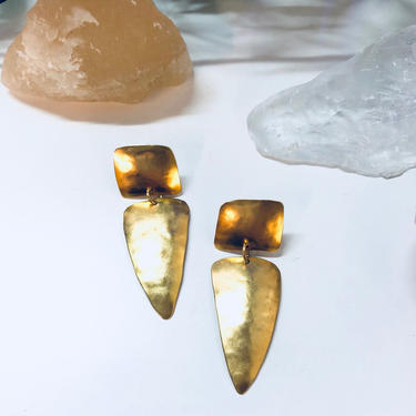 Vintage Gold Toned Geometric Earrings, Costume Jewelry, Textured Metal Earrings 