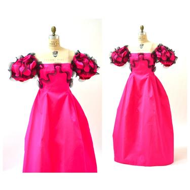 90s Vintage Pink Ball Gown Dress Small Medium By Bill Blass Bergdorf Goodmans Bright Pink Ruffle Gown Dress Off the Shoulder Dress 
