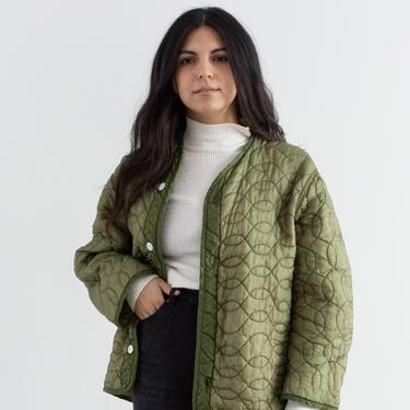 Vintage Green Liner Jacket | White Buttons | Double Stitch Wavy Quilted Nylon Coat | L | LI074 