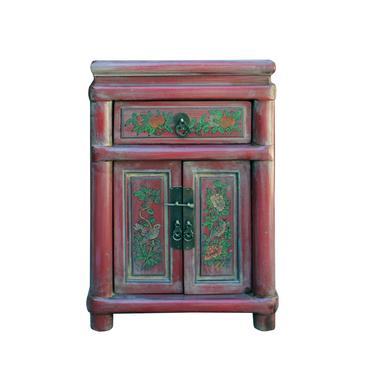 Chinese Rustic Distressed Pink Red Graphic End Table Nightstand cs5901E 