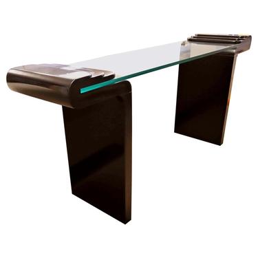 Contemporary Modern Black Lacquer & Glass Curved Console Table 1980s 