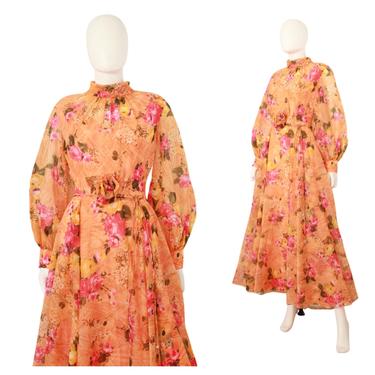 1960s Dusky Orange & Pink Rose Print Gown - 1960s Orange Dress - 1970s Orange Dress - Vintage Rose Print Dress - Chiffon Dress | Size Small 
