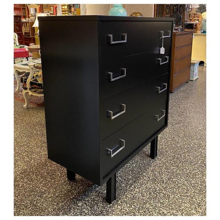 cute Black matte painted mid-century modern 4 drawer / chrome hardware/ chest 36” wide / 17.5” deep / 45.5” tall 