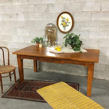 LOCAL PICKUP ONLY Vintage Farmhouse Table Retro 1970's Brown Wood Rectangular Dining Table or Kitchen Island with One Drawer and Block Legs 