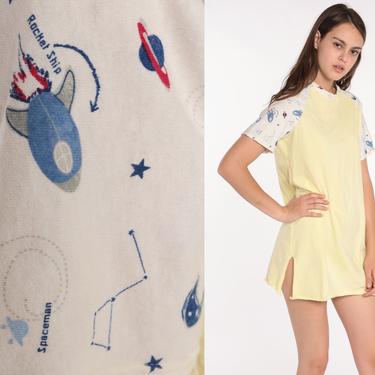 Outer Space Pajama Dress Rocket Ship Nightgown Celestial Galaxy Nightie 80s Graphic Retro Tshirt Mini Yellow Small 