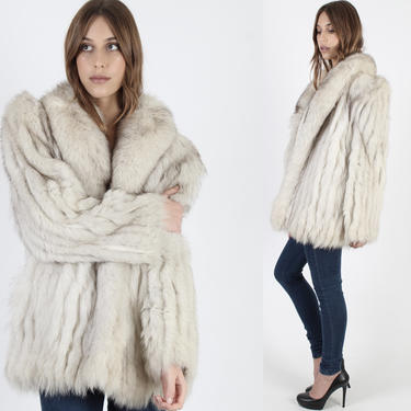 Arctic Fox Fur Coat Real Fur Jacket With Pockets Vintage 80s Blue Fox Coat Plush Velvet Shaggy Corded Shawl Collar Womens Winter Jacket 