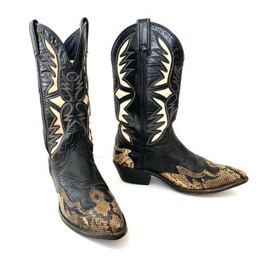 Vintage CODE WEST Snakeskin Cowboy Boots ~ men's 7 1/2 / women's 8 1/2 to 9 ~ Western ~ Hippie / Boho ~ Rockabilly ~ Inlaid / Inlay 