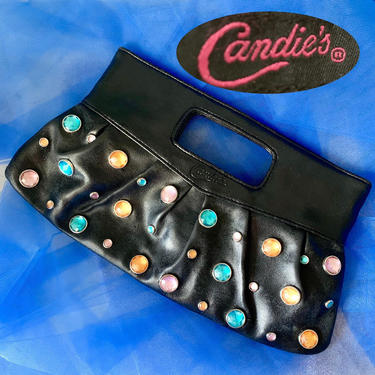 Vegan Clutch, 70s 80s, Rhinestones, Faux Leather Purse, Candie's, Disco, Bling 