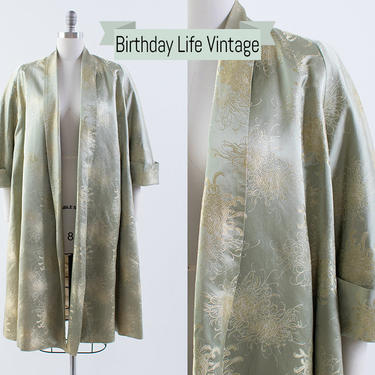 Vintage 1950s Swing Coat | 50s Silk Satin Asian Chrysanthemum Floral Metallic Jacquard Evening Jacket Opera Jacket (medium) 