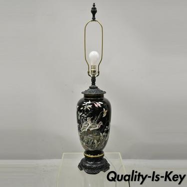 Chinese Chinoiserie Porcelain Ceramic Black Jardiniere Bird Painted Table Lamp
