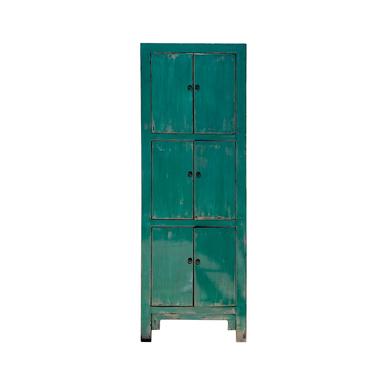 Distressed Gloss Teal Green Blue Lacquer Tall Narrow Storage Cabinet cs6135E 