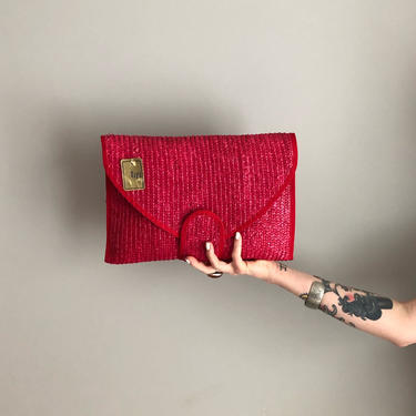 Vintage 80s Oversized Red Woven Straw Clutch- NEW OLD STOCK 