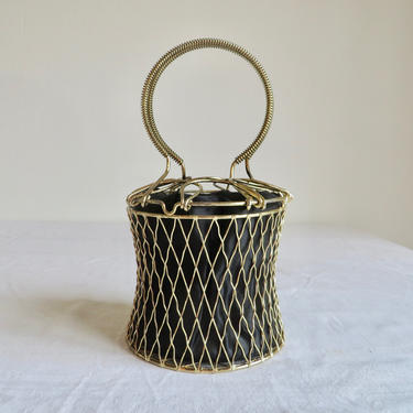 Vintag 1950's Gold Metal Cage Purse with Black Satin Lining Mid Century Handbag 
