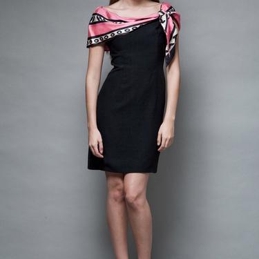 scarf dress, mini dress, little black dress / vintage 1960s mod LBD little black dress pink scarf graphic print S Small 
