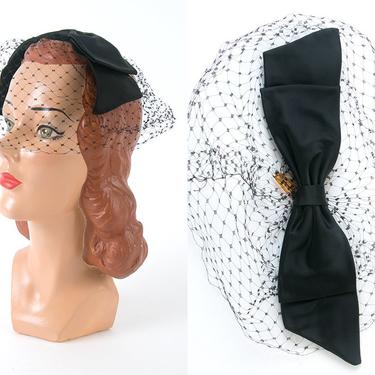 Vintage 1960s Hat | 60s Black Satin Bow Fascinator with Veil 