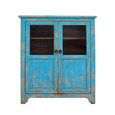 Distressed Bright Blue Glass Display Bookcase Curio Cabinet cs5382E 