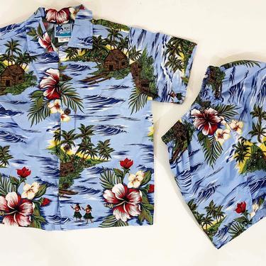 Vintage Children's Hawaiian Outfit Hawaii Souvenir Kid's Shirt Shorts Beach Vacation Set Children Playsuit Blue White RJC USA 