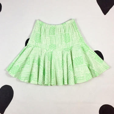 1980's printed cotton surfer girl skirt 80's rad swirl squiggle print neon pastel mint green flared circle summer beach skater mini skirt M 