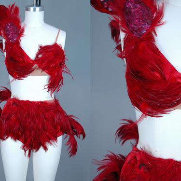 1940s BURLESQUE Costume | Vintage 40s 50s Red Feather Covered Custom Outfit with Pasties &amp; Headpiece | small 