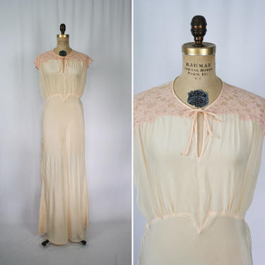 Vintage 40s nightgown | Vintage peach silk floral lace nightgown | 1940s full length negligee 