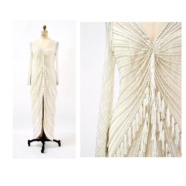 80s 90s Vintage Silver White Cream Beaded Gown Dress Medium Large By Bob Mackie Silk// Vintage Wedding Gown Beaded Fringe Art Deco Gown 