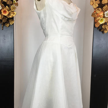 1950s prom dress, vintage party dress, Swiss dot dress, flocked 50s dress, casual wedding, shelf bust dress, white polka dot 