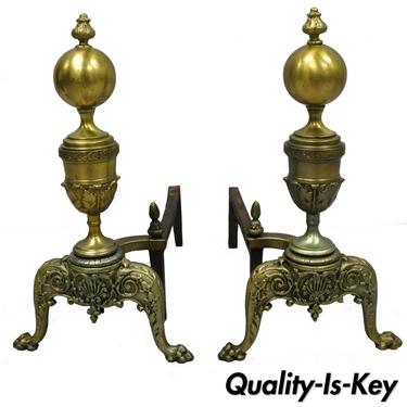 Pair Vintage Brass French Empire Style Cannonball Paw Foot Fireplace Andirons